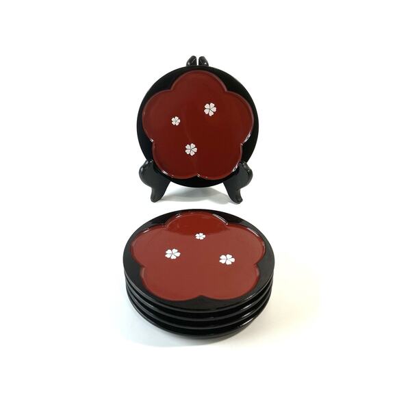 Yamanaka Lacquerware Deserts Plate Set of 5 Plum Black Sakura Flower Japan - Picture 1 of 5